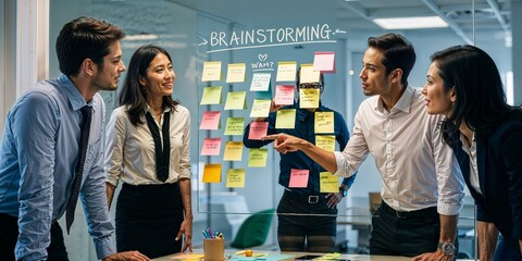 Business team brainstorming ideas on glass wall with sticky notes