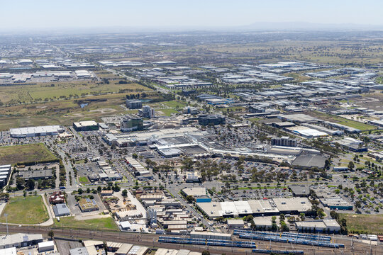 Aerial view of urban cityscape with modern buildings and roads, Epping, Victoria, Australia.