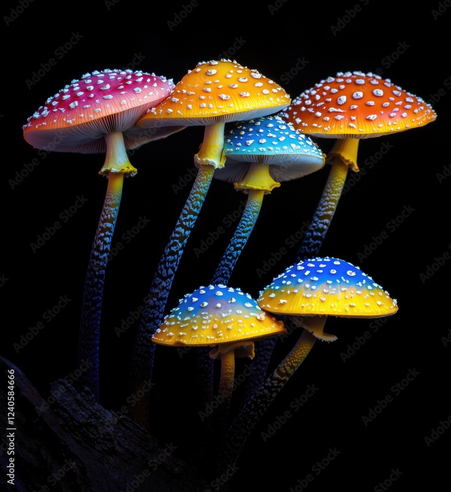 Poster vibrant mushrooms with colorful caps and dew drops, showcasing a stunning array of hues including pi