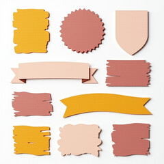A collection of textured paper shapes in warm tones, featuring various banners and labels perfect for graphic design projects.