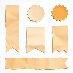 A collection of various beige and orange decorative ribbons and seals, showcasing different shapes and textures for design inspiration.