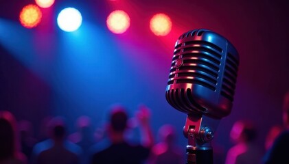 Obraz premium Classic microphone close-up, concert backdrop, music, stage, sound