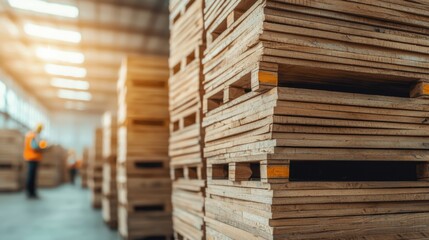 Obraz premium Stacked wooden crates arranged in a vintage warehouse interior The crates are piled high creating a textured and organized storage space