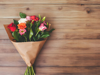beautiful bouquet of mixed roses wrapped in brown paper, perfect for any occasion. vibrant colors and fresh greenery evoke feelings of love and joy