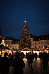 Naklejka premium A festive Christmas market square is bustling with people and decorated stalls. Bright lights and a tall Christmas tree illuminate the scene