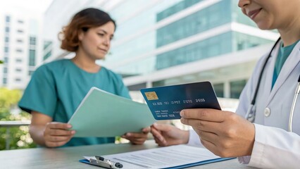 Medical Professional with Patient Holding Card and Document Outdoors