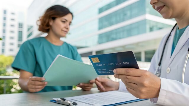 Medical Professional with Patient Holding Card and Document Outdoors