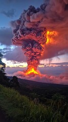 A breathtaking eruption unfolds as vibrant flames and dark ash swirl into the sky, contrasting against the serene twilight backdrop