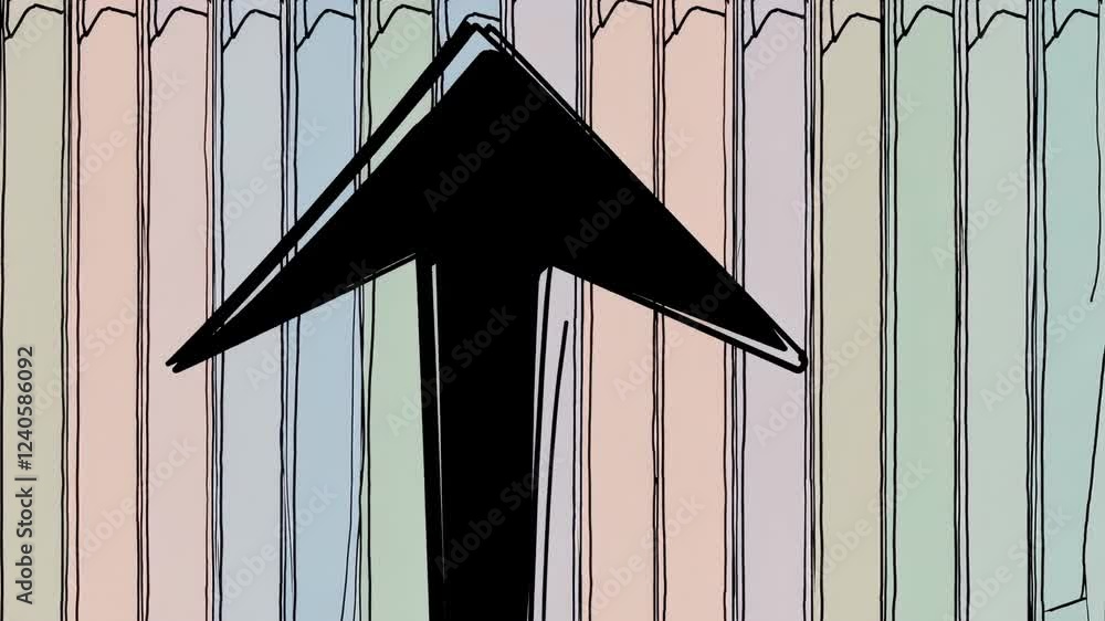 Poster A minimalistic illustration where the upward arrow is constructed from thin line art, cutting through a horizontal row of delicately outlined arrows in near-transparent pastel tints.