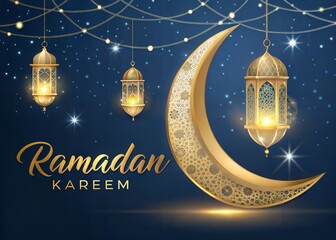 Elegant Ramadan Kareem Background with Golden Crescent Moon and Lantern – Islamic Festive Greeting