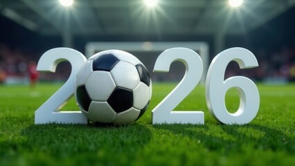 Fototapeta premium numbers 2026 with a football ball instead of 0, football field in the background 