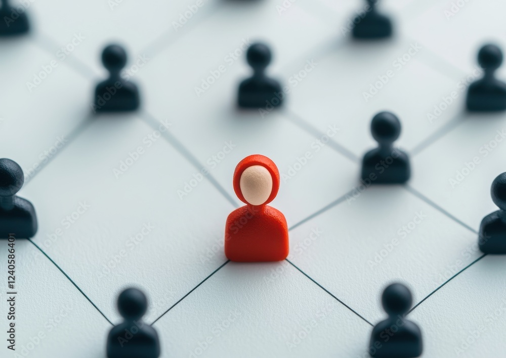 Poster a red figure stands out among black figures on a network grid, symbolizing individuality and connect
