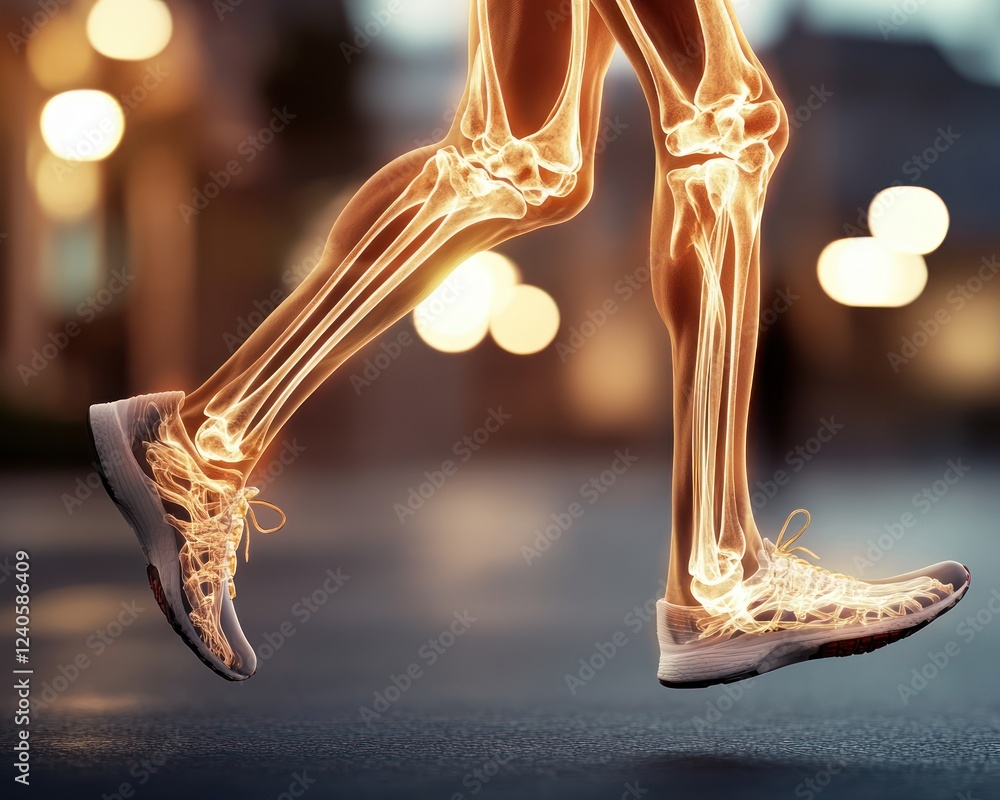 Poster a realistic illustration of a skeletal structure of a runner in motion with low light background
