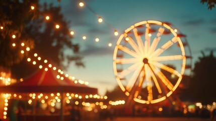 Glowing ferris wheel at twilight with string lights and vibrant atmosphere