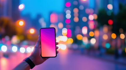 Hand holding smartphone at night with colorful blurred city lights in background