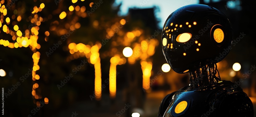 Poster futuristic robot illuminated by warm lights in urban setting, showcasing advanced technology and des