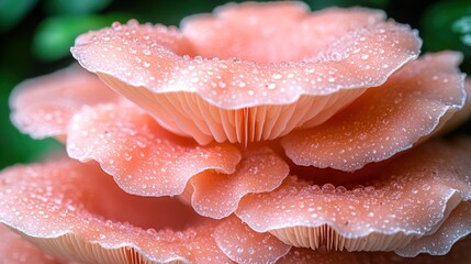 Pink mushrooms dew forest close-up nature