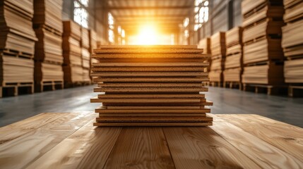 Stacks of uniformly organized and neatly piled processed plywood sheets in a warm golden lit warehouse setting ready for exportation and distribution