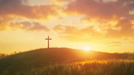 Serene sunset over hill with cross symbolizing faith and tranquility