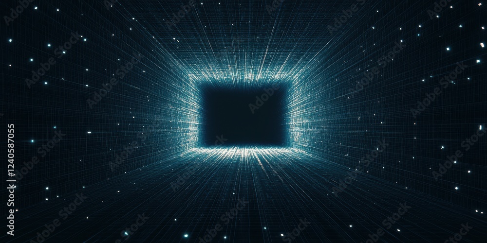 Poster a digital tunnel of glowing lines and particles, creating a futuristic and abstract visual experienc