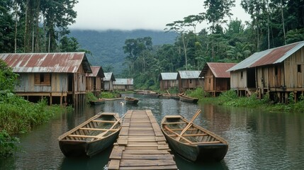 Obraz premium Picturesque riverside docks with traditional timber rafts moored in a lush secluded tropical forest environment The serene