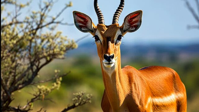 A graceful springbok stands in the sunlit savanna, surrounded by lush greenery during a serene afternoon