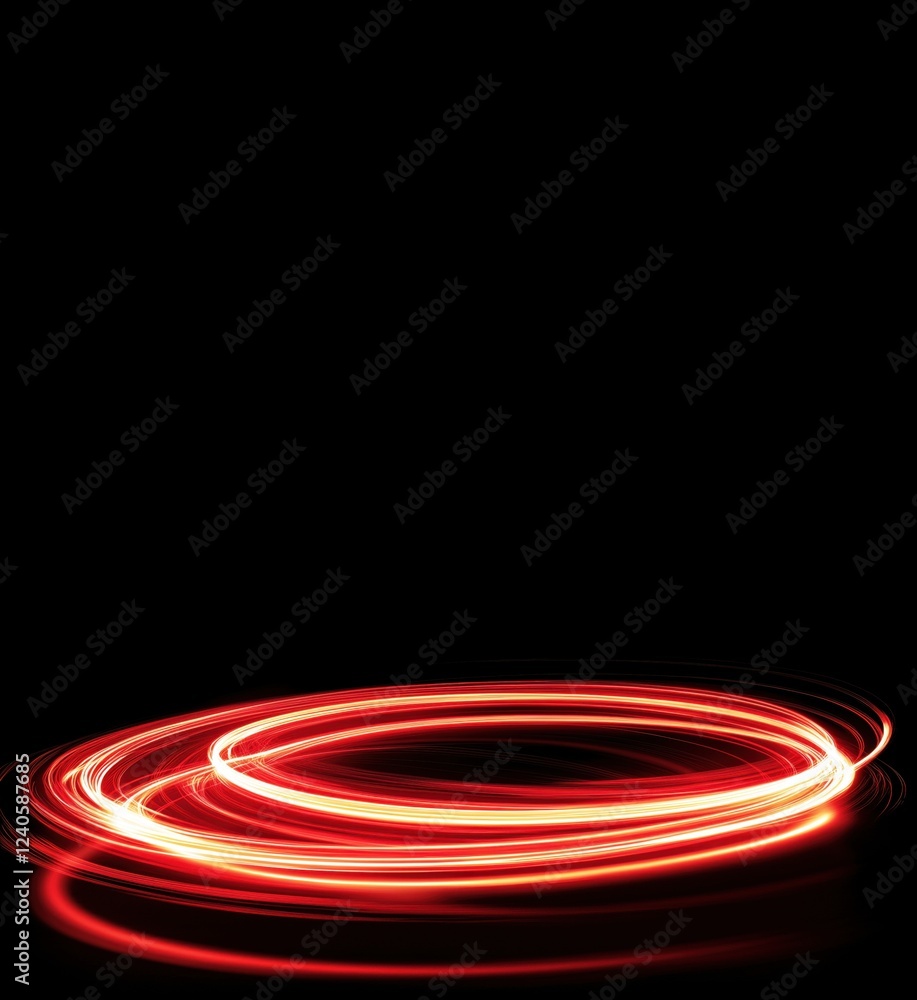 Poster dynamic red light trails creating circular patterns on black background, abstract art, motion blur e