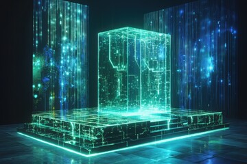 Futuristic digital display with glowing cubes and cosmic background in a dark setting