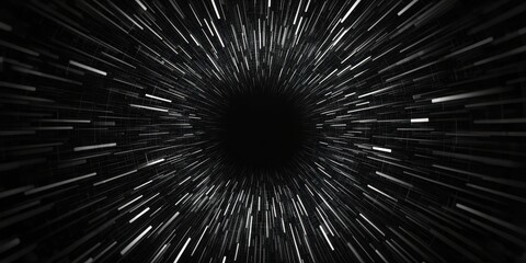 A mesmerizing depiction of light streaks converging towards a dark center, creating a sense of movement and depth in a cosmic or abstract setting.
