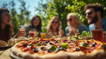 Enjoying Delicious Pizza Outdoors with Friends on a Sunny Day