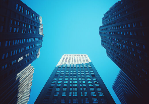 Fototapeta Blue skies and tall buildings seen from below, wide-angle, low-angle perspective, skyscrapers, business district, cityscape, urban architecture, blue sky, office building, corporate skyline, skyscrape