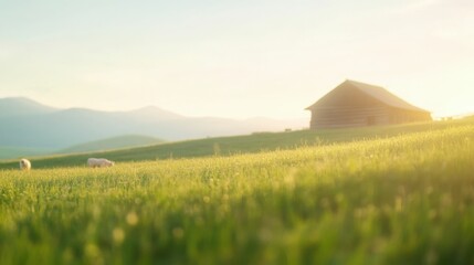 Tranquil countryside scene with sheep and barn at sunrise