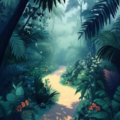 Lush Tropical Path Winding Through Verdant Jungle