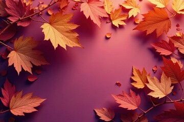 Dry orange metallic leaves, violet backdrop Geometric autumnal design , geometric pattern, template