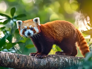 Fototapeta premium Close-up View of a Rare Red Panda Exploring Its Natural Habitat Amid Lush Greenery During Daylight Hours