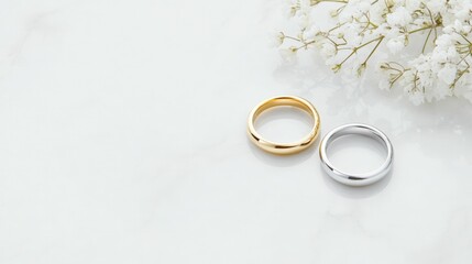 Elegant wedding rings with flowers on marble background for romantic celebrations