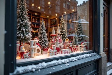 A shop window is beautifully decorated for Christmas with toys and lights. Reflections on the glass show a snowy street outside