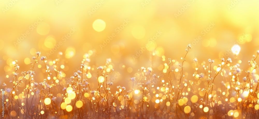 Poster golden field of flowers illuminated by sunlight, creating a dreamy bokeh effect with soft focus and 