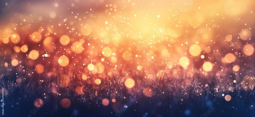Poster bokeh effect with warm golden and orange lights over a blurred grass field, creating a dreamy and ma
