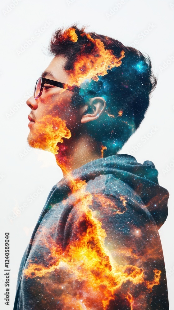 Poster man's profile with cosmic elements and flames in a surreal double exposure effect