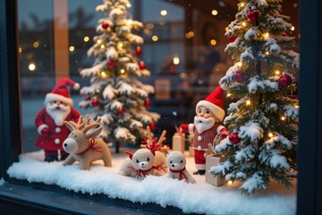 A shop window is beautifully decorated for Christmas with toys and lights. Reflections on the glass show a snowy street outside