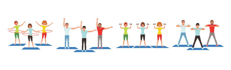 Naklejka premium Happy Man and Woman Do Fitness Workout and Training Vector Set