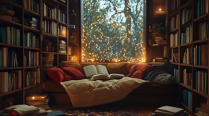 Cozy Reading Nook with Bookshelves and Window View