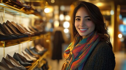 Obraz premium A smiling woman in a cozy shop showcasing elegant shoes. Warm lights create a welcoming atmosphere, enhancing her joy and style.