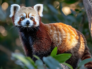 Fototapeta premium Close-up View of a Rare Red Panda Exploring Its Natural Habitat Amid Lush Greenery During Daylight Hours