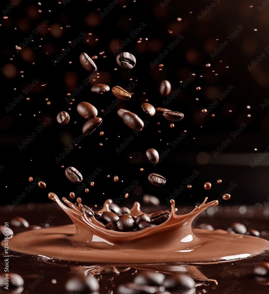 Poster chocolate splash with coffee beans creating dynamic visual impact, showcasing rich textures and vibr