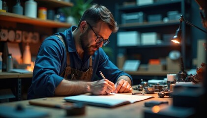 Inventor tinkering with futuristic gadgets in workshop, machinery, innovative