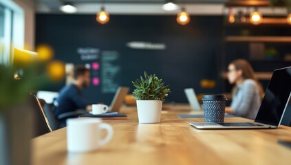 Modern Coworking Space: Blurred Professionals Working on Laptops, Coffee, and Plants