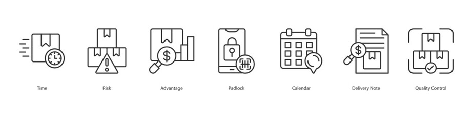 Logistics Icon Sheet Time, Risk, Advantage, Padlock, Calendar, Delivery Note, Quality Control