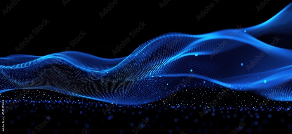 Poster blue wave patterns with glowing particles in dark background, representing digital technology and ab